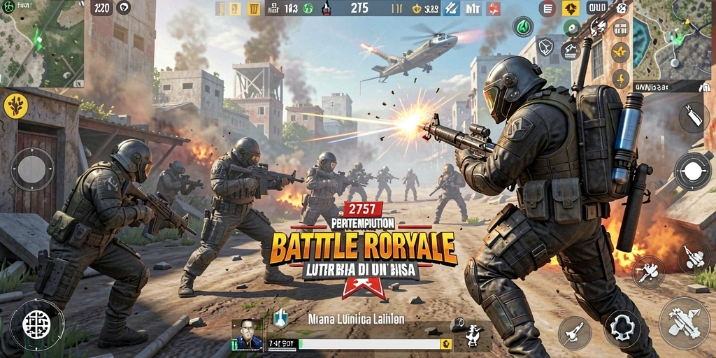Tangkapan layar menampilkan aksi intens dalam gameplay Battle Royale.