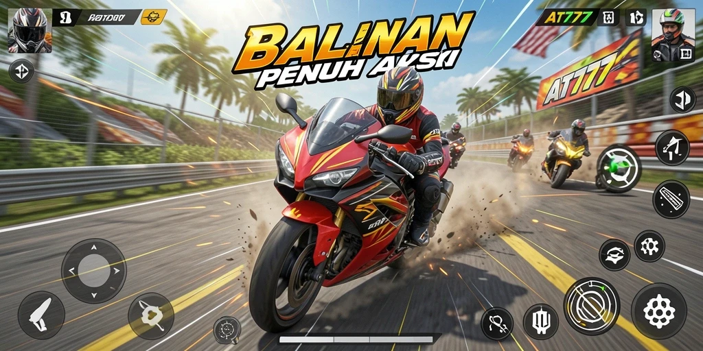Screenshot gameplay AT777 yang menampilkan balapan motor penuh aksi.