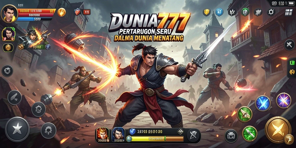 Screenshot gameplay DUNIA777 menampilkan pertarungan seru dengan karakter khas.
