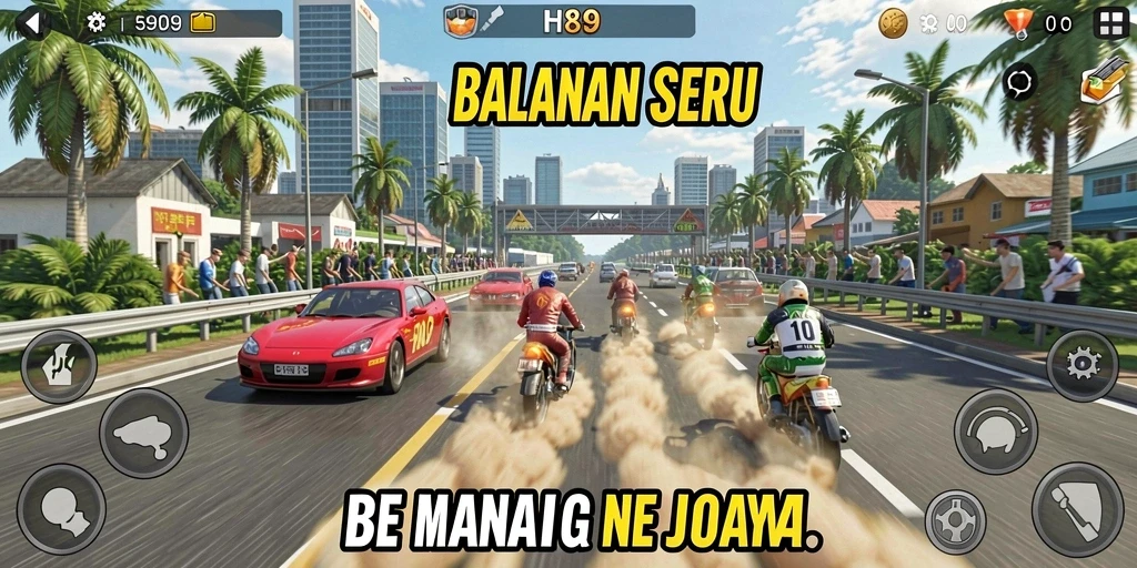 Gameplay H89 menampilkan balapan seru dengan mobil yang dipacu di lintasan beragam.