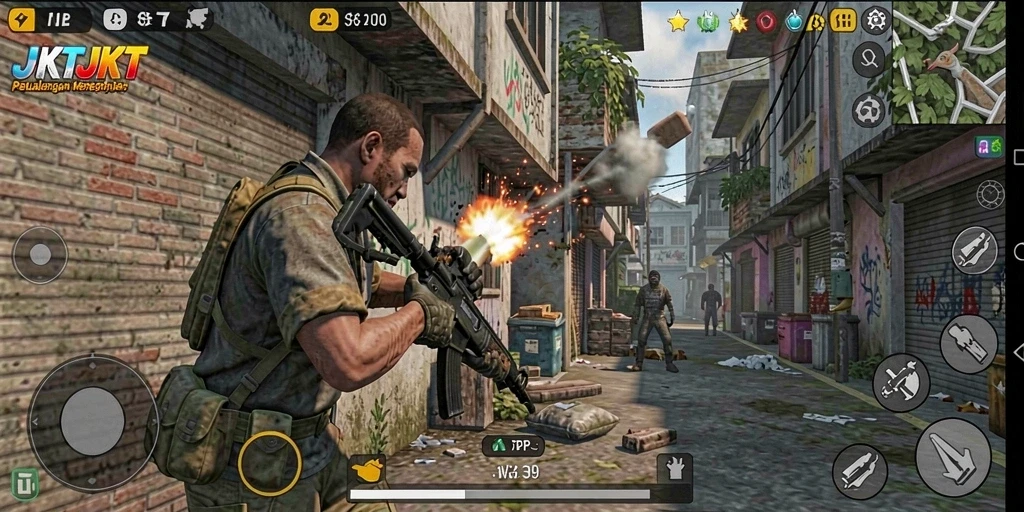 Tangkapan layar gameplay JKTJKT yang penuh aksi dalam TPS.