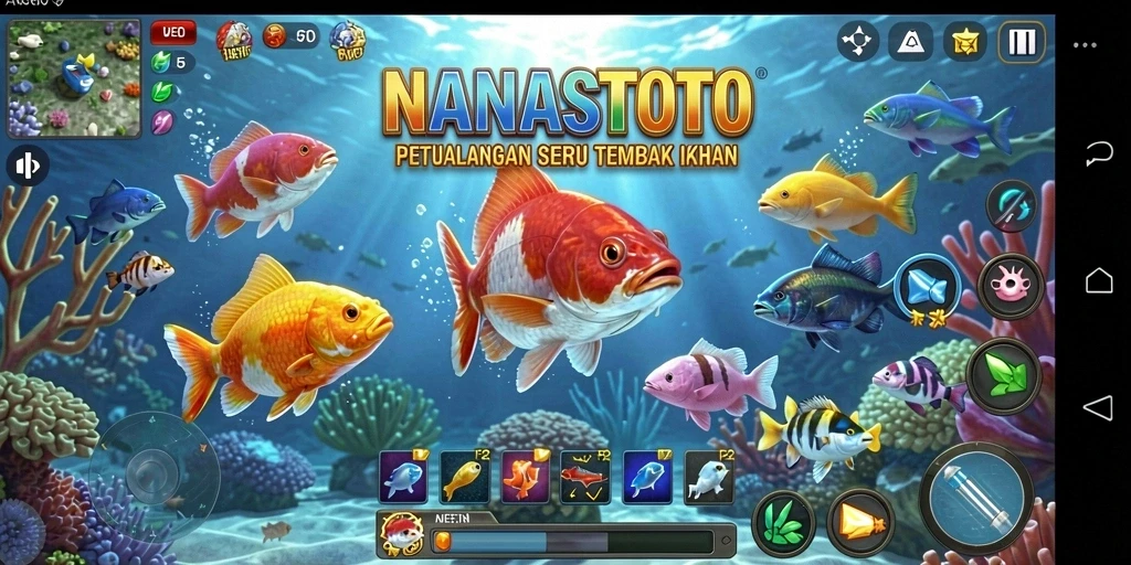 Tampilan gameplay seru di NANASTOTO dengan aksi Tembak Ikan yang mendebarkan.