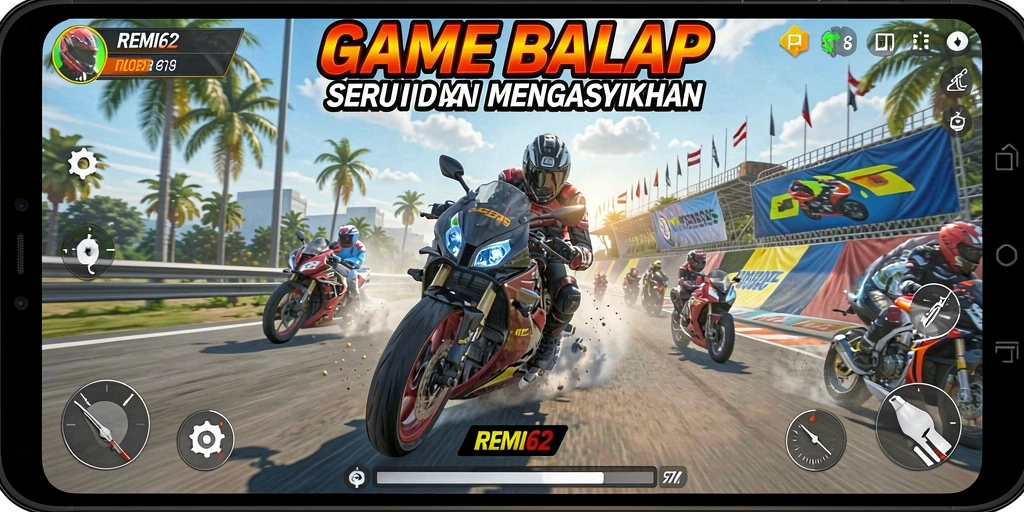 Tampilan gameplay menegangkan dalam balapan motor REMI62.