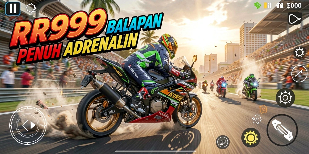 Screenshot gameplay RR999 saat balapan motor di lintasan menantang.