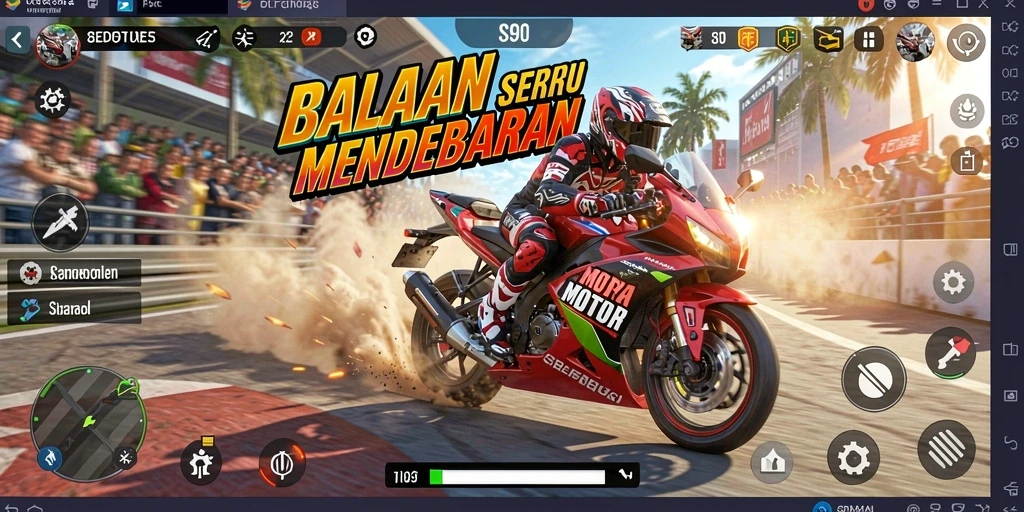 Screenshot S80 menampilkan aksi balapan motor yang mendebarkan di lintasan berliku.