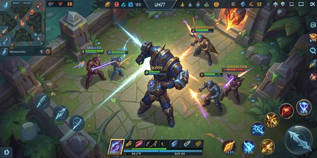 Tampilan gameplay UH77 dengan pertempuran tim seru di arena.