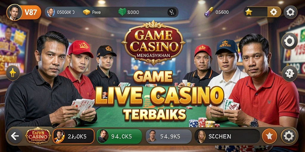 Tangkapan layar gameplay V87 yang menampilkan dealer live dan interaksi pemain.